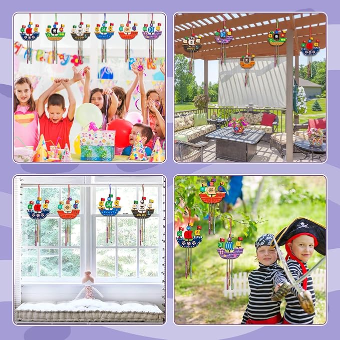 Fennoral 10 Pack Wind Chime Kit for Kids Make Your Own Pirates Ship Wind Chime Wooden Arts and Crafts for Girls Boys Ornaments DIY Coloring Ship for Art Activity Birthday Spring Party Decoration