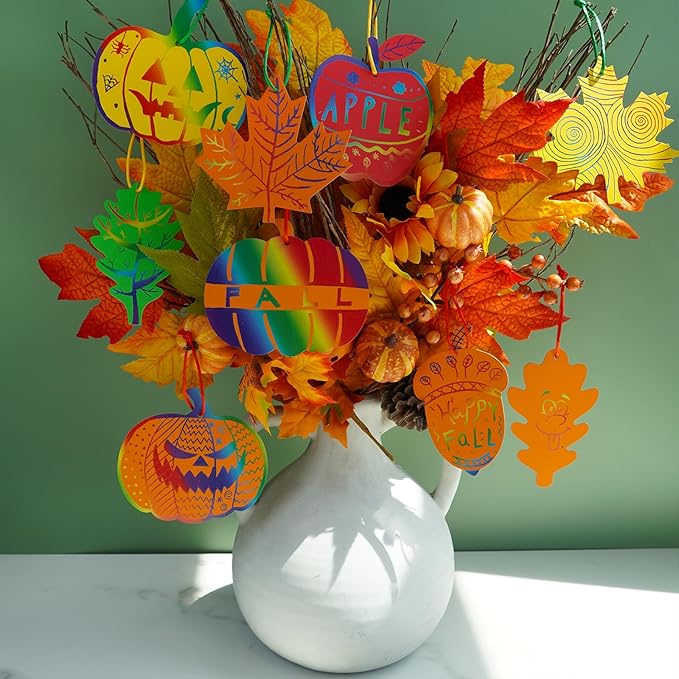Winlyn 48 Sets Colorful Magic Color Scratch Fall Ornaments Autumn Scratch Art Maple Leaf Oak Leaf Pumpkin Apple Acorn Fall Craft Kits for Kids Classroom Activities Halloween Harvest Party Decorations