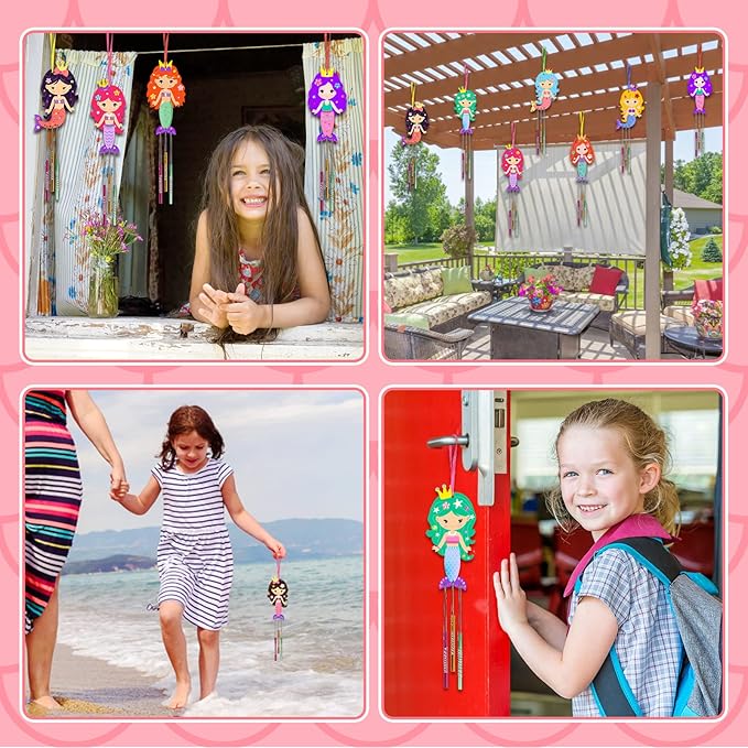 Fennoral 9 Pack Mermaid Wind Chime Kit for Kids Make Your Own Wind Chime Wooden Arts and Crafts for Girls Boys Ornaments DIY Coloring Mermaid for Summer Art Activity Birthday Party Decoration