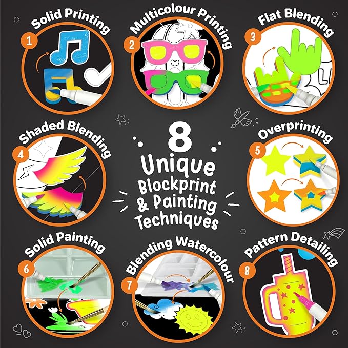 Imagimake DIY Neon Art Kit | 12 Exciting Neon Art Projects | Water Brush Pens & Stamps | Arts and Crafts for Kids Ages 8-12-16 | Arts and Crafts for Adults & Kids | Gifts for 8 Year Old Girls & Boys