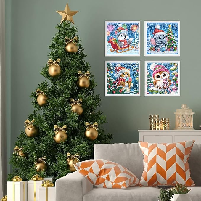 ajepon 4 Packs Christmas Diamond Art Kits for Kids Beginners-Cute Animals Diamond Painting Kits Without Frame,Cartoon Animal Diamond Painting Kits Full Drill Gem Art for Home Decor 6x6inch
