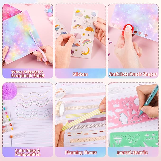 LiYiQ Plush Mermaid Diary Gift for Girls Kids Travel Journal Secret Diary with Scrapbook Paper Stickers Journal Stencils Pompom Pen and Washi Tape Practical Set Gift for Birthday Christma