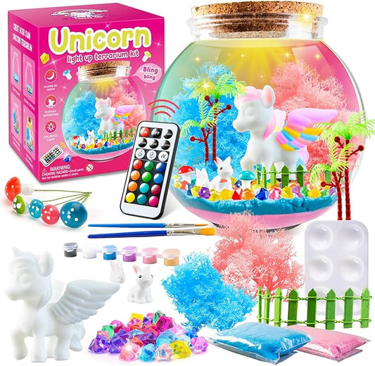 Light-Up Unicorn Terrarium Kit for Kids, Unicorn Toys, LED Night Light, Grow Plant, Paint Set, Arts & Crafts Kit for Little Girls & Boys Age,3 4 5 6 7 8 Old Girls Gifts Christmas Birthday