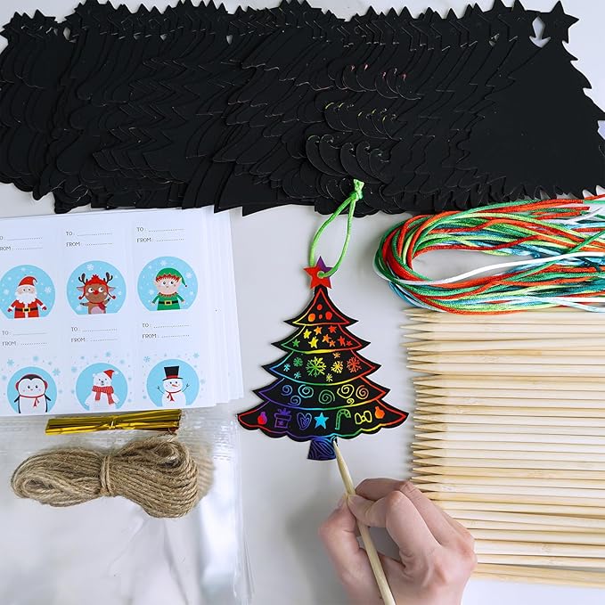 Winlyn 54 Sets 9 Styles Magic Color Scratch Black Christmas Tree Ornaments Christmas Tree Rainbow Scratch Art Decorations Christmas Craft Kit for Kids Classroom Activities Holiday Season Party Favors