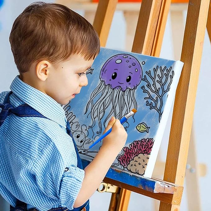 Yizeda 4 Packs 7.8x7.8 Pre Drawn Canvas Paint Set,Paint by Numbers for Kids,48 Paints 8 Brushes 2 Easels,Pre-Printed Acrylic Oil Painting Kit Ages 8-12 9-12 4-8 Pre Drawn Canvas for Painting for Kids