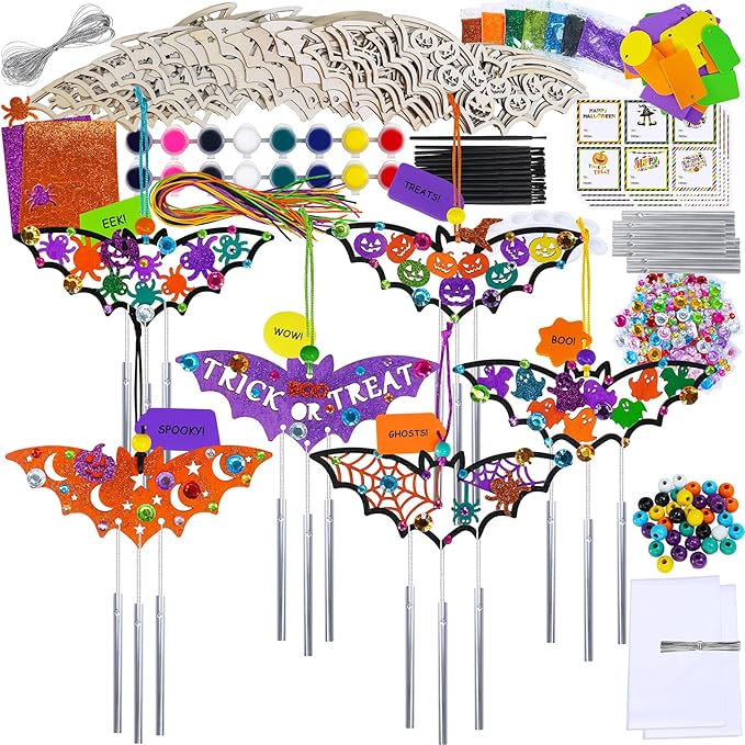 Winlyn 24 Sets Halloween Crafts Fall Crafts Halloween Bat Craft Kits DIY Wooden Bat Wind Chimes Ornaments Craft Kits for Kids Classroom Activities Art Project Halloween Decorations Party Favors