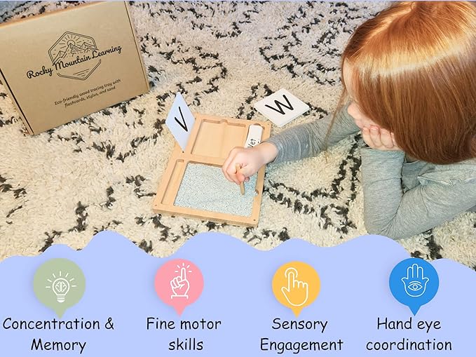 Montessori Sand Tray for Kids 3 4 5 6 Years Old Sand Writing Tray Learning Sensory Toy Educational Alphabet and Phonic Words Comes with Sand, Tray, Lid, 2 Sets of Flashcards, Stylus (Dark Blue)