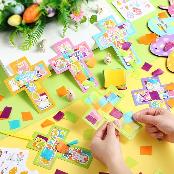 Tinlade 24 Set Happy Easter Suncatcher Craft Kit Religious Cross Suncatcher Craft Window DIY Tissue Paper Suncatcher Decoration Ornament for Easter Holiday Activities Sunday School VBS Party Favors