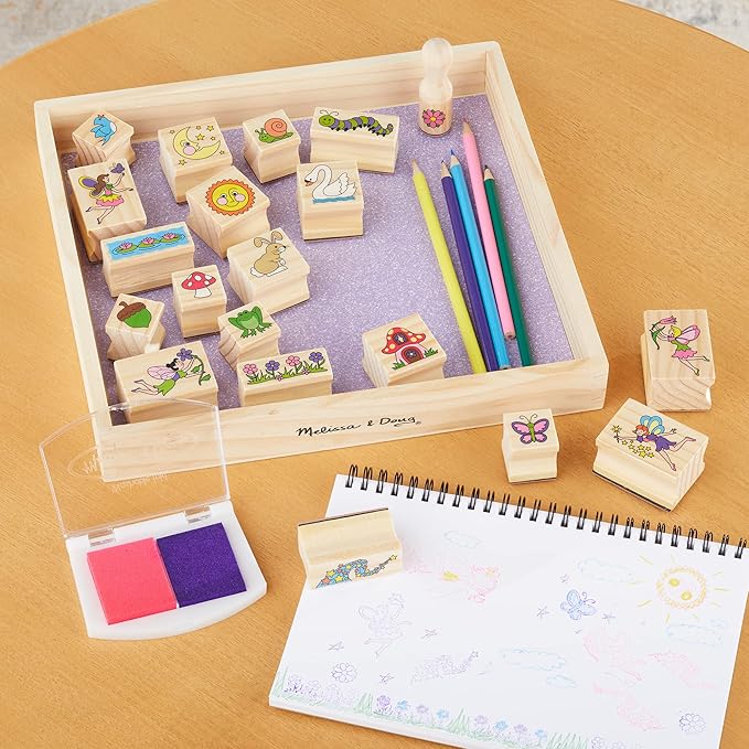 Melissa & Doug Stamp-a-Scene Stamp Pad: Fairy Garden - 20 Wooden Stamps, 5 Colored Pencils, and 2-Color Stamp Pad