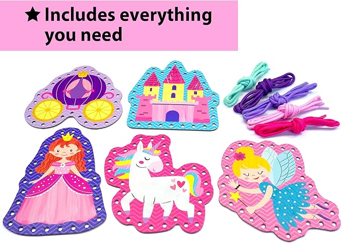 KRAFUN Beginner Unicorn My First Lacing Card Kit for Kids Arts & Crafts, 5 Easy Princess Lacing Projects, Lacing Cards for Toddlers, Fine Motor Preschool Skills Toys