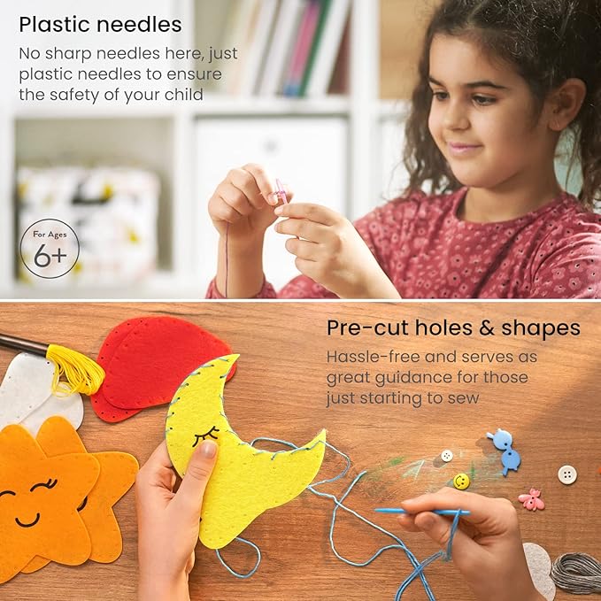 Arteza Kids Hand Sewing Kit, 5 Learn to Sew Plush Nature Crafts, 50 Pieces, Pre-Cut Felt Shapes, Plastic Needles, Plush Fill, Buttons, and Thread, Kids’ Craft Supplies with Instruction Guide