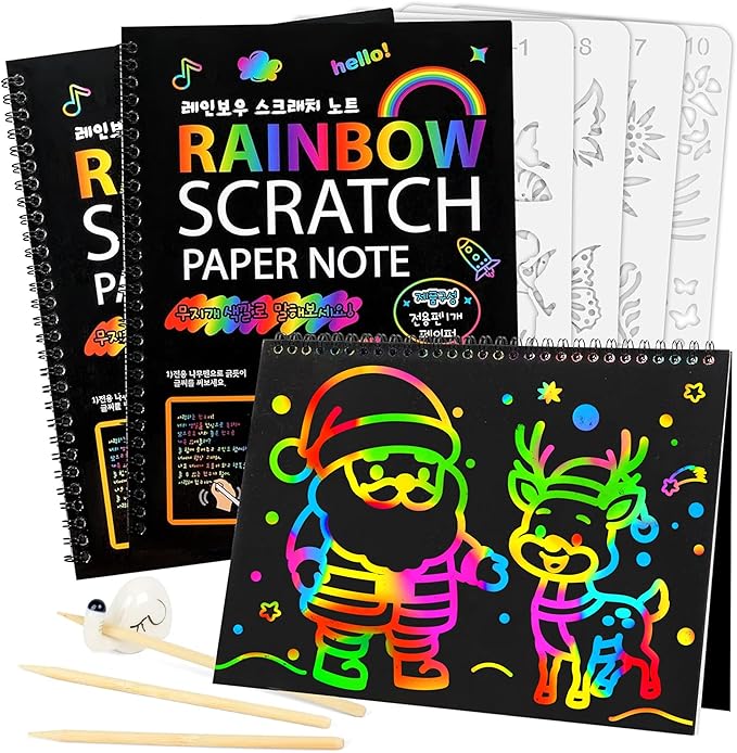 Mocoosy 3 Pack Rainbow Scratch Art Paper Notebooks, Magic Scratch Off Paper Set for Kids Arts Crafts, Black Scratch Note Doodle Pads for Drawing Christmas Gifts Birthday Game Coloring Activity