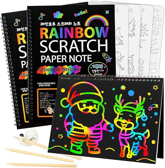 Mocoosy 3 Pack Rainbow Scratch Art Paper Notebooks, Magic Scratch Off Paper Set for Kids Arts Crafts, Black Scratch Note Doodle Pads for Drawing Christmas Gifts Birthday Game Coloring Activity