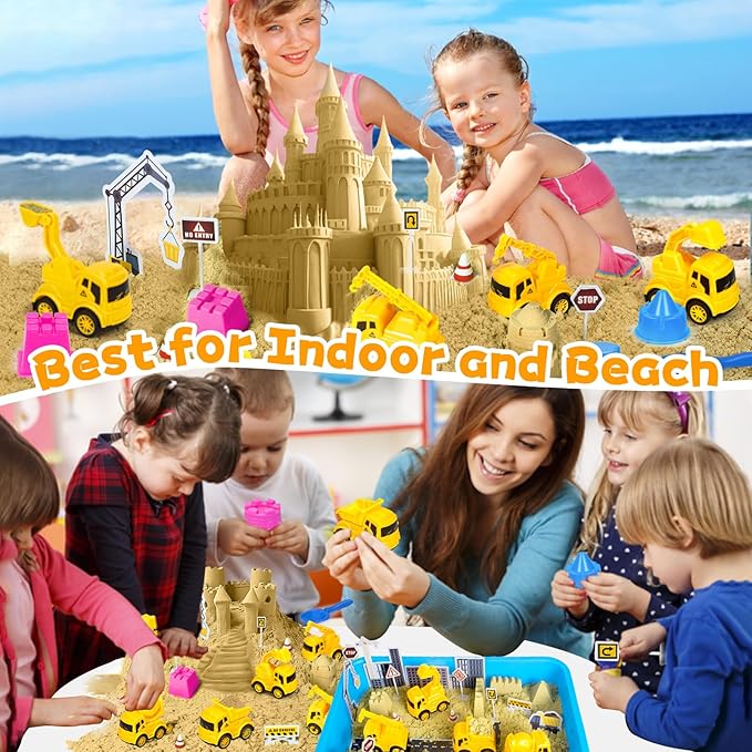Hymaz Construction Sensory Bin, 33 pcs Construction Toys Sensory Bins for Kids 2-4 5-7, Sandbox with lid Sand Castle Building kit, Kids Play Sand for Sandbox Toys, Sand Kit for Xmas Birthday Gift