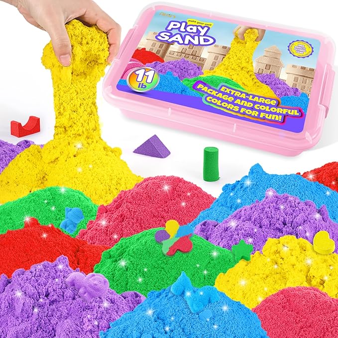 Play Sand with 6 Colored Sands of 11lbs, Including a Sand Tray with Lid - Sensory Toy Kits and Sand Art Kits for Kids (Pink Tray)
