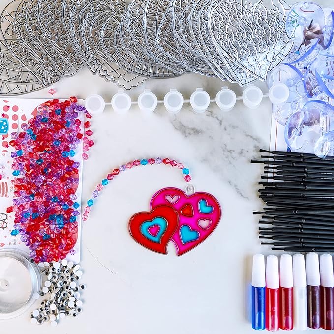 Winlyn 27 Sets Heart Suncatchers Ornaments Decoration DIY Window Paint Art Stickers Craft Kit Heart Sun Catchers for Kids Mother's Day Gift Valentine's Day Classroom Art Project Party Favors