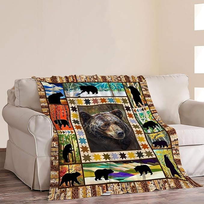 Black Bear Throw Blanket Rustic Brown Farmhouse Plush Bed Blanket Countryside Woodland Animal Soft Cozy Fleece Plush Warm Flannel Bedding Blanket for Boys Kids Teens Adults Couch Travel 50"X60"