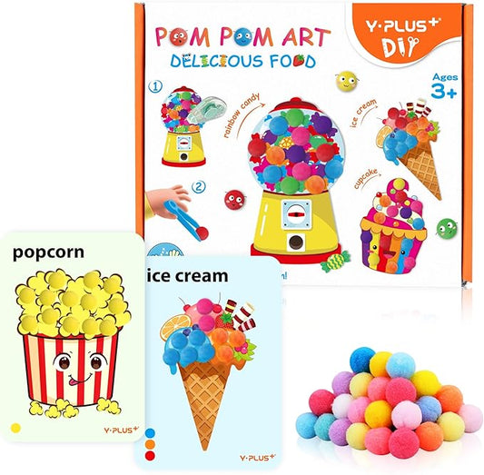 YPLUS Pompoms Art Crafts Kits, Toddler DIY Sensory Activities for Kids Ages 1-3 2-4 3-5, Finger Motor Art Supplies - Theme Food Stocking Stuffers for Kids Toddler