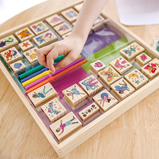 Melissa & Doug Deluxe Wooden Stamp and Coloring Set – Fairy Tale (30 Stamps, 6 Markers, 2 Durable 2-Color Pads) - Fairy Tale-Themed Stamps For Kids Activity Set