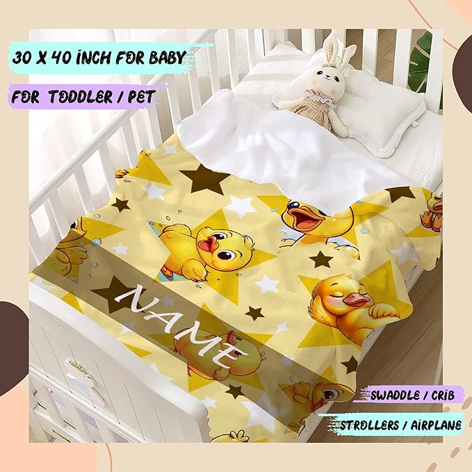 Custom Name Yellow Star Ducks Adult duck Blanket Kids Funny Blanket Suitable for Bedroom bed sofa Crib Couch Chair outdoor All Season Items That Yellow Duck Lovers Will Love 60"x50"for Teens