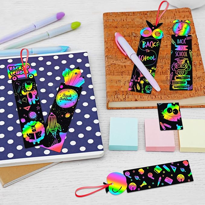 WATINC 60Pcs Welcome Back to School Scratch Bookmark, Magic Art Color DIY Craft Kit for Kids First Day of School Birthday Party Favor, Classroom Decoration, School Supplies Game for Boys Girls