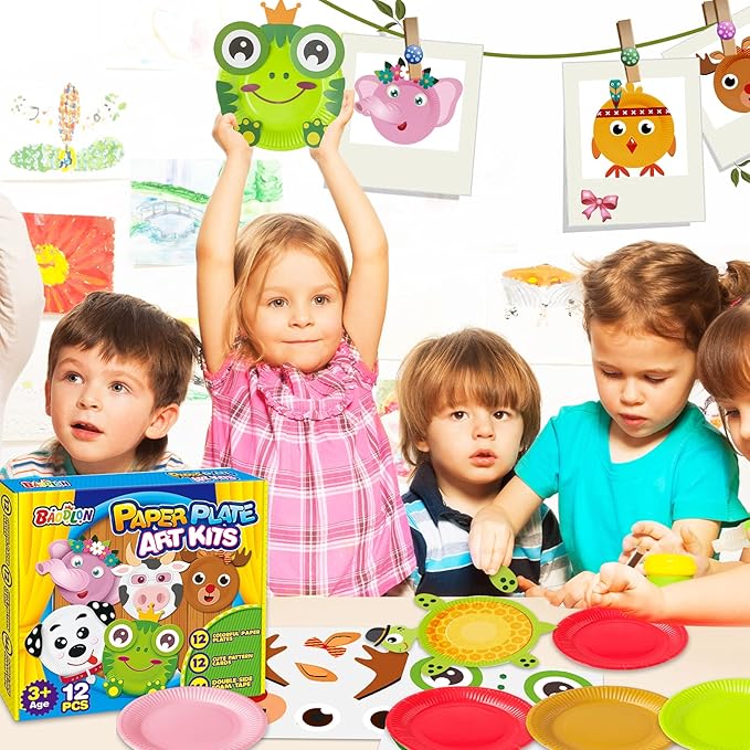 BAODLON Arts and Crafts Kits for Kids, 12 Pack Simple Crafts Animal Paper Plate Art Kit for 2 3 4 5 Year Old Toddler Boys Girls, DIY Kids Crafts for Preschool Classroom Activity/Birthday/Party Game