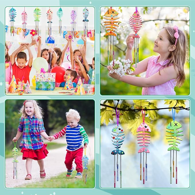 Fennoral 12 Pack Wind Chime Kit Spring Craft for Kids Wooden Arts and Crafts for Girls Boys Make Your Own Fish Wind Chime Ornaments DIY Coloring Fish Craft for Spring Easter Birthday Party Supplies