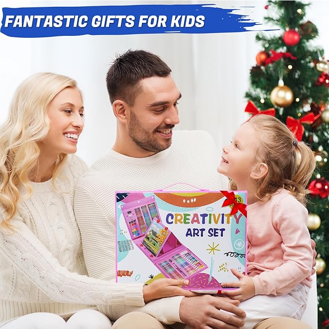 All in One Art Supplies, Art Kit Includes Easel, Origami Paper, Colored Pencils, Crayons, Drawing Book, Coloring Book, Watercolor Pens, Markers and Oil Pastels, Gifts for Girls Boys Teens, Pink