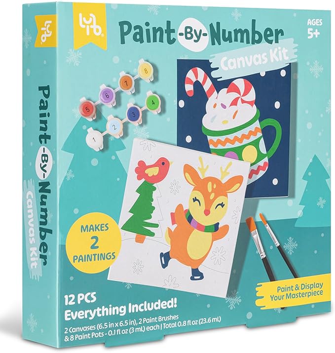Reindeer Paint-by-Number Kit - Complete Art Set W/ 2 Canvases, 2 Brushes & 8 Paint Pots, Holiday-Themed, Kid & Adult Craft Kit