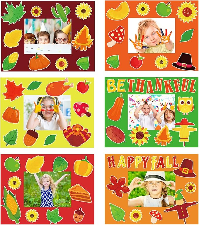 chiazllta 30 Packs Thanksgiving Fall Picture Frame Craft Kits for Kids, DIY Pumpkin Maple Leaf Turkey Craft Autumn Holiday Art Favor Home Class Kindergarten Game Activities