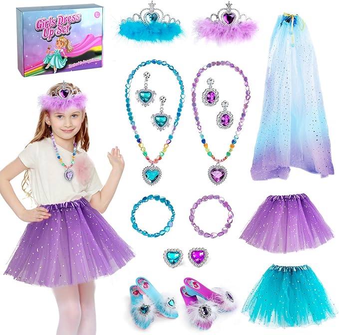 Princess Dress Up, Girl Dress Up & Jewelry Boutique, Toddler Dress Up Toys with Cloak & Tutu Skirt, Princess Shoes Pretend Jewelry Accessories Princess Costumes Gifts Toys for Girls Years 3+
