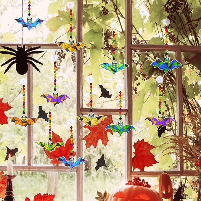 Winlyn 27 Sets Halloween Bat Suncatchers Ornaments Decorations DIY Window Paint Art Suncatchers Halloween Craft Kits Suncatchers Painting Kits for Kids Fall Halloween Classroom Activities Art Projects