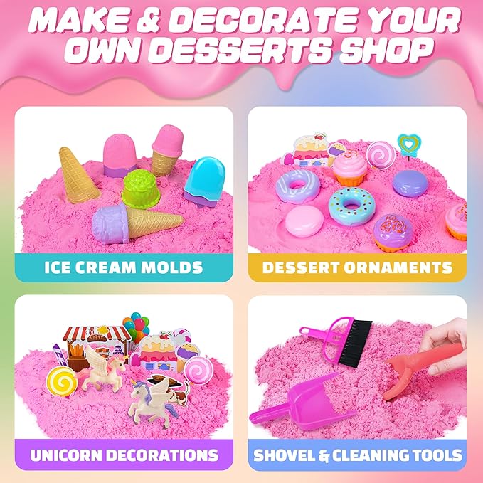 Play Sand Kit - Ice Cream Sensory Bin Toy for Kids with 2.2lb Magic Sands, Ice Cream Molds and Cleaning Tools, Unicorn Tactile Toys for Kids 3-8
