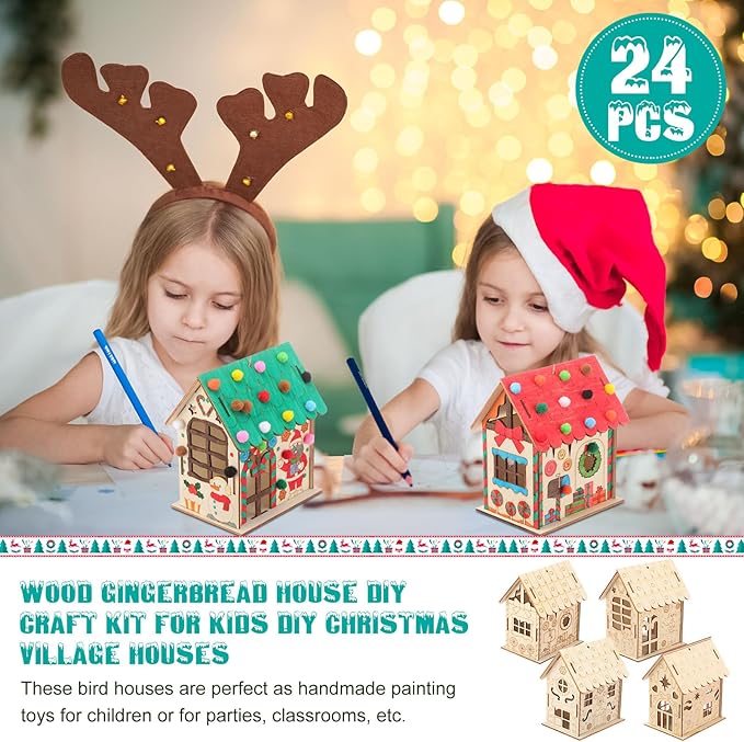DoubleFill 24 Pcs Wood Gingerbread House Craft Kit for Kids DIY Wooden Christmas Birdhouse Craft Kits Holiday Village Houses Make a Gingerbread Wooden House for Xmas Party Game Craft Supplies