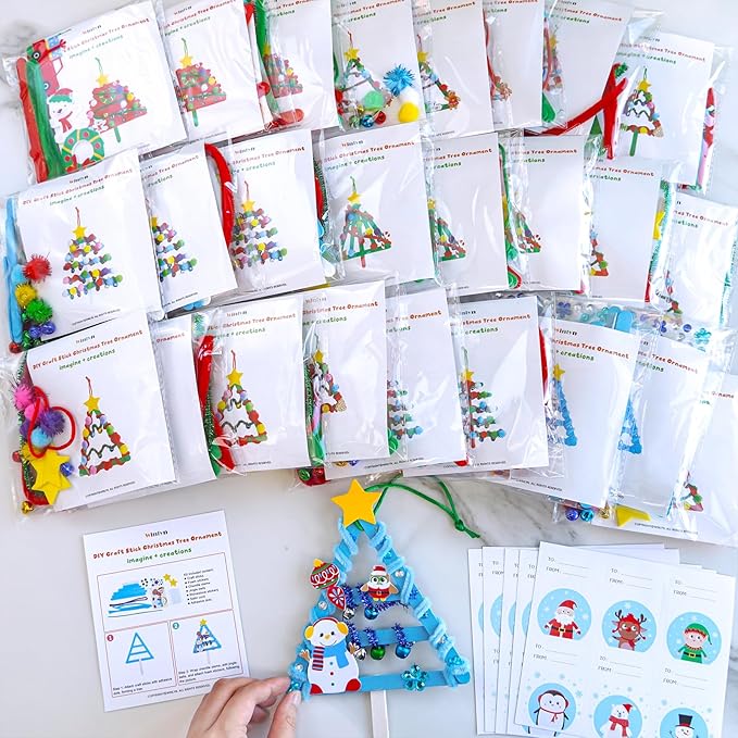 Winlyn 27 Sets Christmas Craft Kits Winter Crafts Popsicle Stick Christmas Tree Ornaments Decorations Art Sets Craft Sticks Christmas Foam Stickers for Kids Holiday Classroom Activities Party Favors