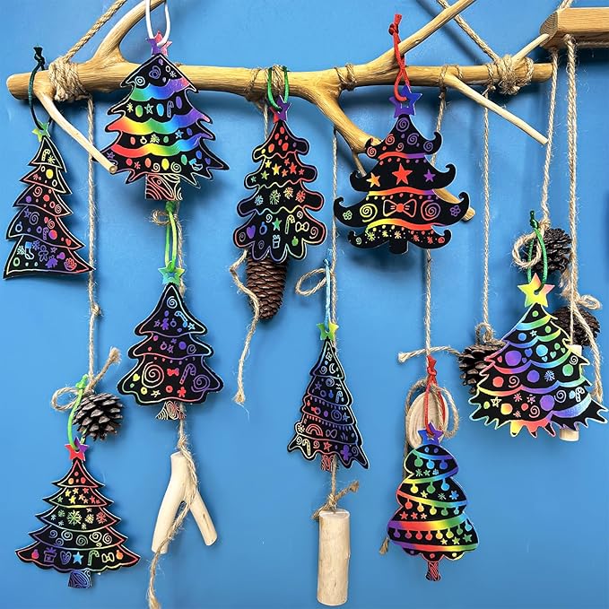 Winlyn 54 Sets 9 Styles Magic Color Scratch Black Christmas Tree Ornaments Christmas Tree Rainbow Scratch Art Decorations Christmas Craft Kit for Kids Classroom Activities Holiday Season Party Favors