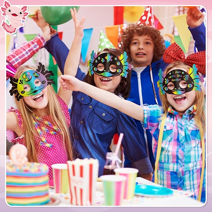 B1ykin 30Pcs Axolotl Scratch Mask Gift Set, DIY Magic Scratch Axolotl Masks Paper Art Craft Kit for Kids, Color Paper Party Favors for Girls Boys Birthday School Classroom Art Activity Project