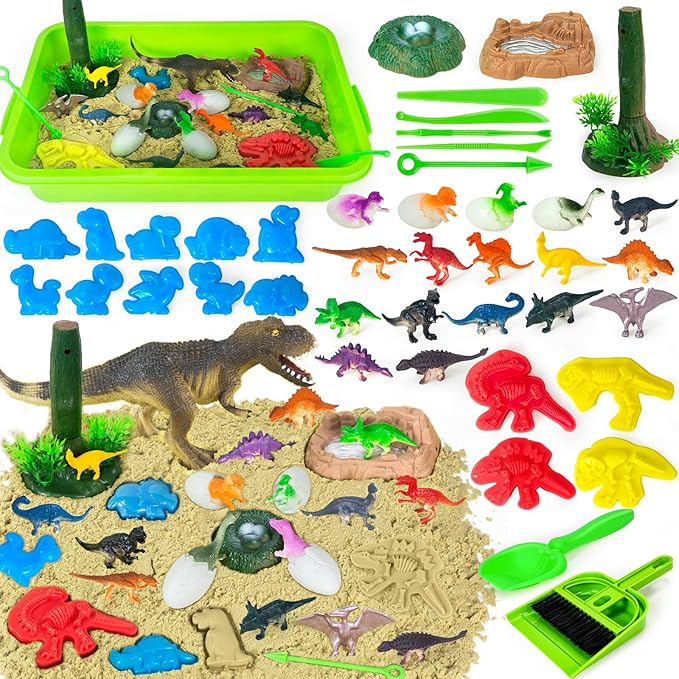 YongnKids Dinosaur Sensory Bin Sandbox Toys,Sensory Sand Art Kit with 14 Dinosaur Toys & 2.2lb Magic Sand & Dinosaur Sand Molds -Fun Sand Toys Birthday for Girls Boys Toddler 3 4 5 6 7 Years Old