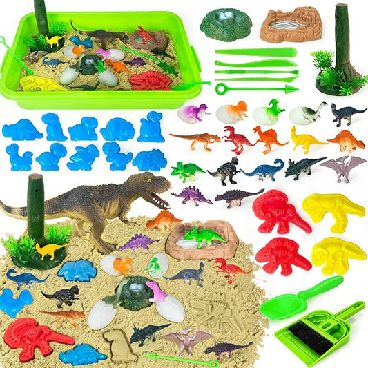 YongnKids Dinosaur Sensory Bin Sandbox Toys,Sensory Sand Art Kit with 14 Dinosaur Toys & 2.2lb Magic Sand & Dinosaur Sand Molds -Fun Sand Toys Birthday for Girls Boys Toddler 3 4 5 6 7 Years Old