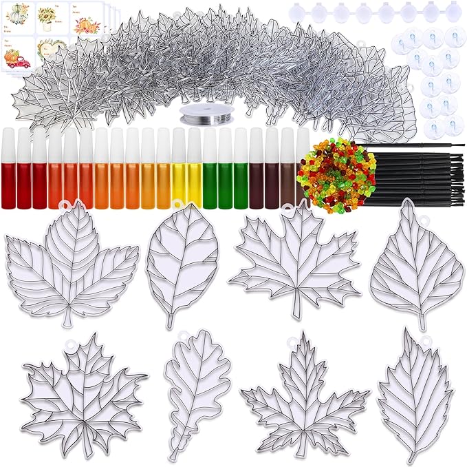 Winlyn 24 Sets Fall Leaf Suncatchers Ornaments DIY Window Paint Art Fall Craft Kits Maple Leaf Sun Catchers Painting Kits for Kids Classroom Activities Art Project Thanksgiving Autumn Party Decoration