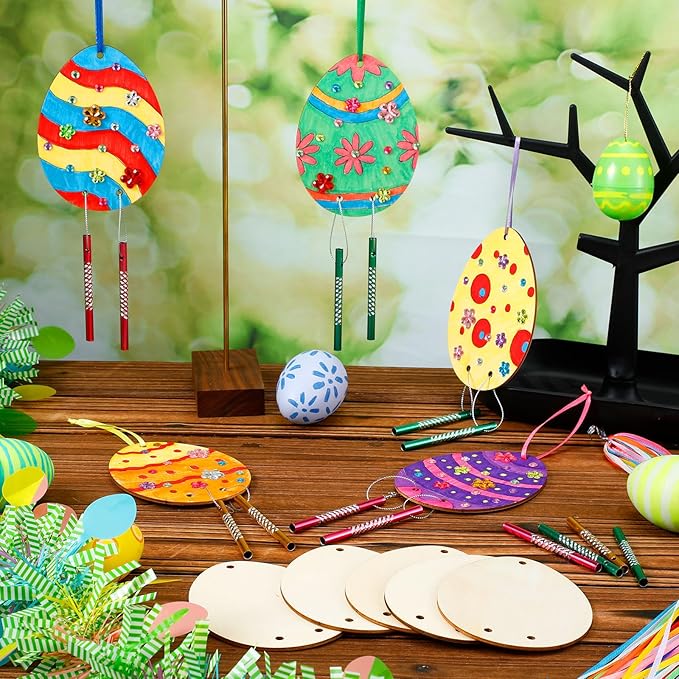 Wenqik 12 Sets Easter Wind Chimes Craft for Kids DIY Coloring Wooden Easter Craft Kits Paintable Unfinished Egg Hanging Ornament Crafts for Girls Boys Spring Party School Decor