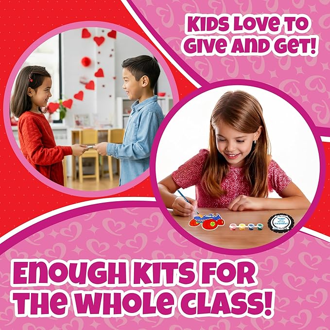 Kids Valentine's Day Cards - Monster Trucks Wood Painting Craft Kits (24ct)- Each Valentines Card Includes Craft w Paints, Brush, and Sticker- Make Classroom School Exchange Gifts Fun for Boys & Girls