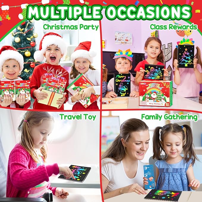 pigipigi Christmas Party Favor for Kids: 24 Pack Rainbow Art Scratch Notebook, Colorful Craft Scribble Paper Magic Black Drawing Pad kit, Activity Toy Gift Set for Girl Boy Children Birthday Christmas