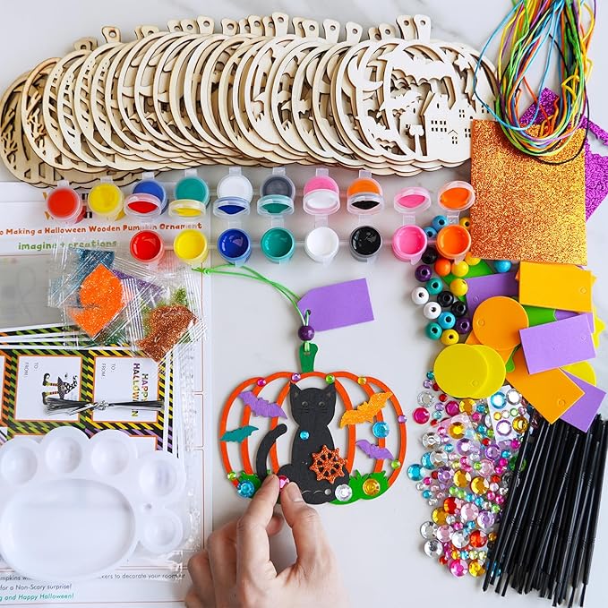 Winlyn 24 Sets Halloween Pumpkin Craft Kits DIY Wooden Pumpkin Ornaments Craft Kits Unfinished Paintable Wood Pumpkin Halloween Crafts for Kids Classroom Activities Art Project Halloween Decorations