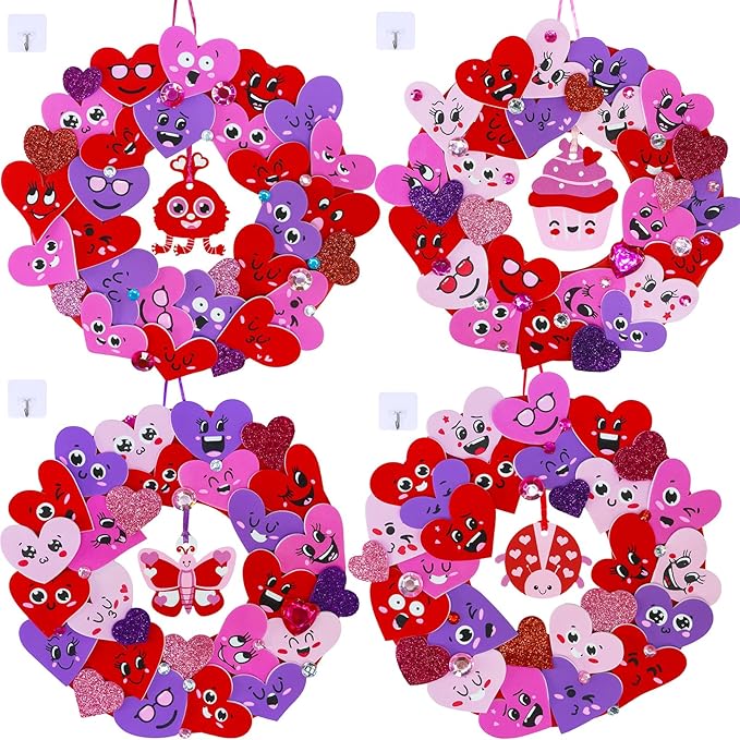 Winlyn 12 Sets Valentine's Day Craft Kits Heart Crafts DIY Heart Wreath Ornaments Decorations Art Sets Foam Smile Heart Stickers for Kids Valentine's Day Party Classroom Activities Gift Exchange