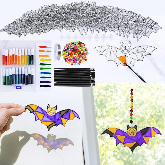 Winlyn 27 Sets Halloween Craft Kits Halloween Bat Suncatchers Ornaments Decorations DIY Window Paint Art Suncatchers Bat Suncatchers Painting Kits for Kids Halloween Classroom Activities Art Projects
