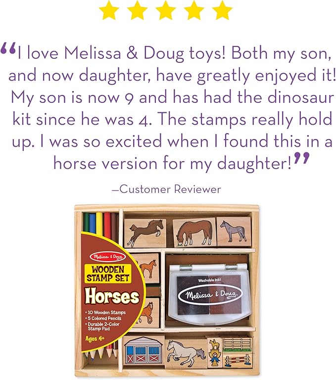 Melissa & Doug Wooden Stamp Activity Set: Horse Stable - 10 Stamps, 5 Colored Pencils, 2-Color Stamp Pad - Horse Stamps With Washable Ink, Horse Gifts For Girls And Boys Ages 4+