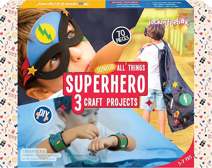 jackinthebox Superhero DIY Dress up Art and Craft Kit | Make a Cape, Mask and Cuffs | Best Gift for Boys Ages 5 6 7 8 Years | 3 Craft Projects in 1 Box