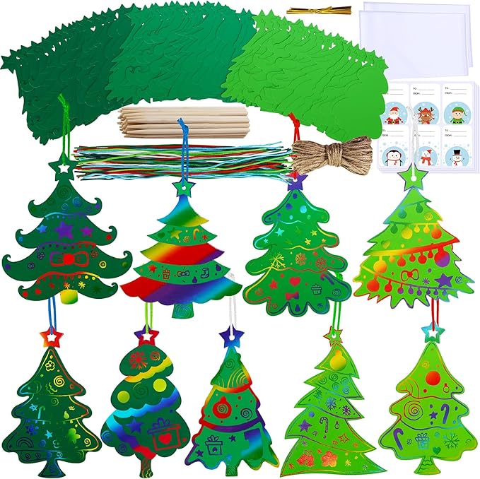 Winlyn 54 Sets 9 Styles Magic Color Scratch Green Christmas Tree Ornaments Christmas Rainbow Scratch Art Decorations Christmas Craft Kits for Kids Classroom Activities Winter Season Party Favors