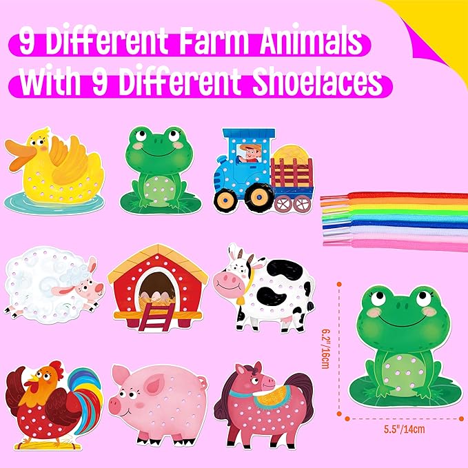 9 PCS Farm Theme Lacing Cards, 9 Double Sided Sewing Cards with 9 Colorful Laces, Imagination Development Lacing Toys Educational and Learning Activity for Preschoolers, Kids